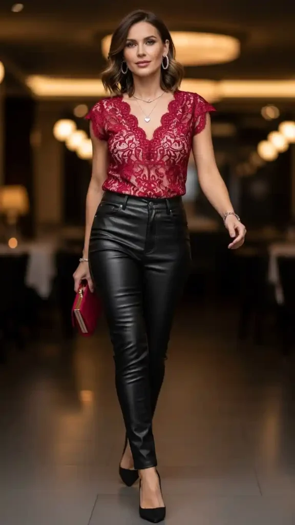 15+ Valentine’s Day Outfits for Date Night That Wow Tonight 7 leather-pants-with-lace-top