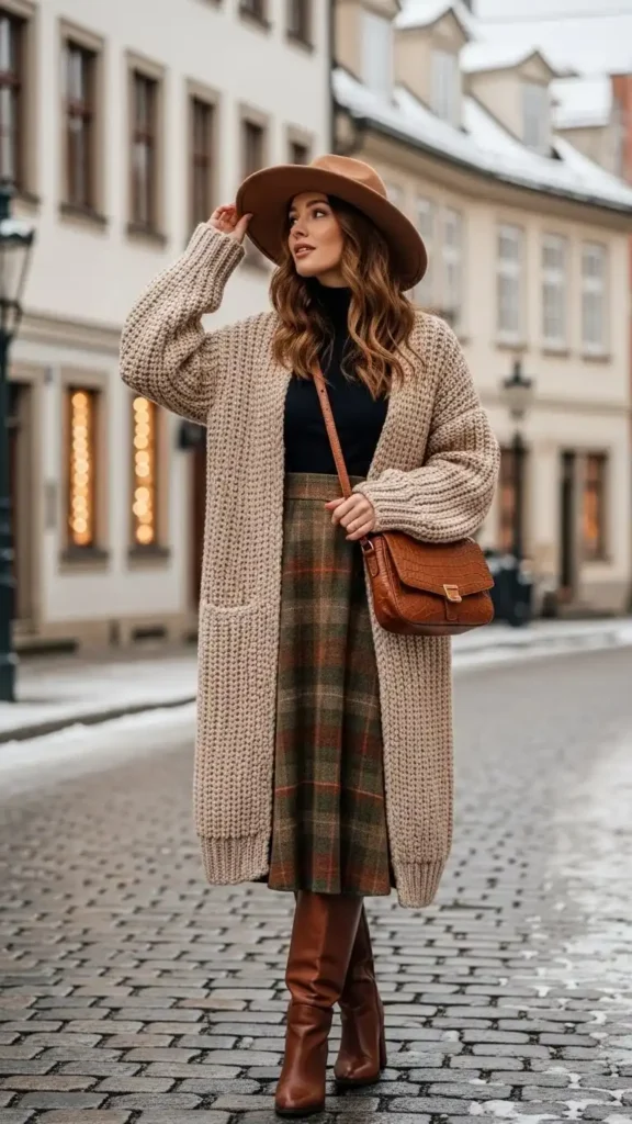 15 Easy Winter Travel Outfit Ideas to Look Chic and Stay Warm 12 long-cardigan-with-midi-skirt