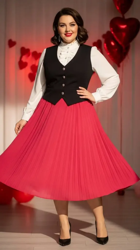 pink-pleated-skirt-and-black-vest