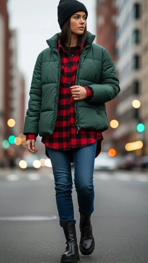 plaid-shirt-layered-with-puffer-jacket