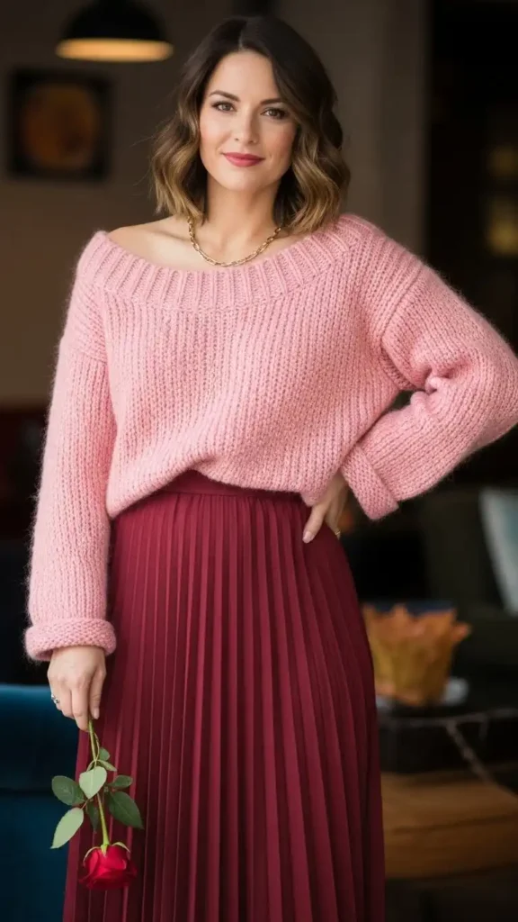 19 Must-Try Latest Casual Valentine’s Day Outfits for Women 6 pleated-skirt-and-chunky-sweater-duo