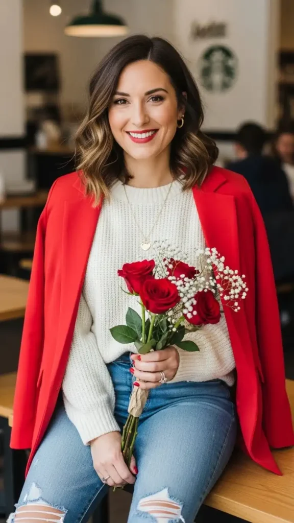 19 Must-Try Latest Casual Valentine’s Day Outfits for Women 7 pop-of-red-blazer-over-neutrals