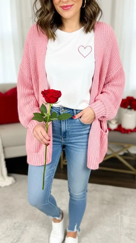 19 Must-Try Latest Casual Valentine’s Day Outfits for Women 3 pretty-in-pink-cardigan-layer