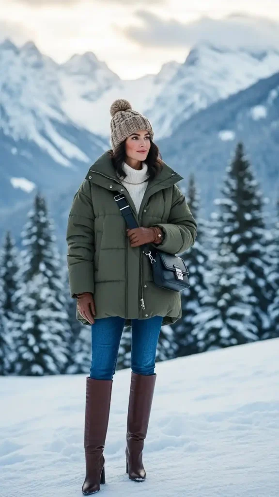 15 Easy Winter Travel Outfit Ideas to Look Chic and Stay Warm 3 puffer-jacket-with-high-boots