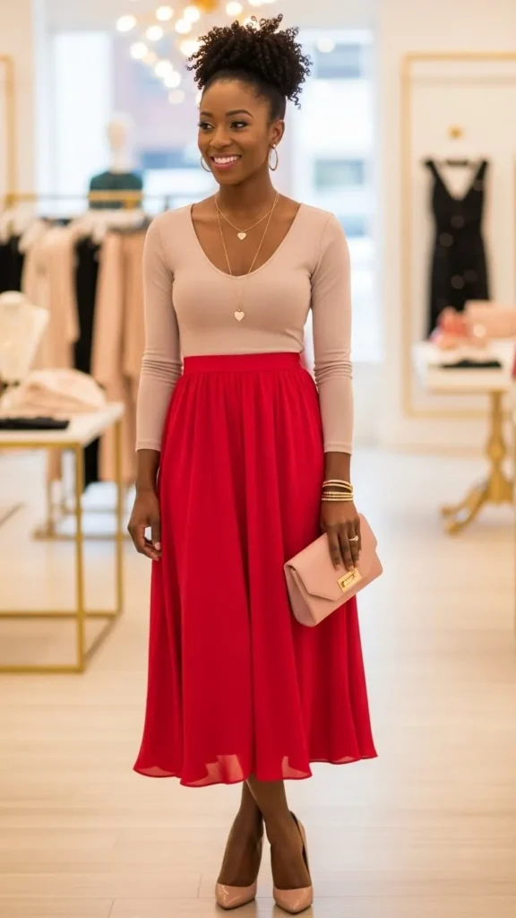 red-midi-skirt-with-neutral-top
