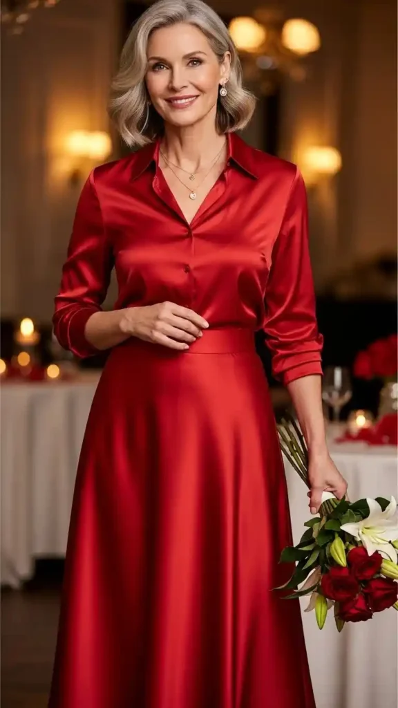 red-satin-skirt-and-button-up