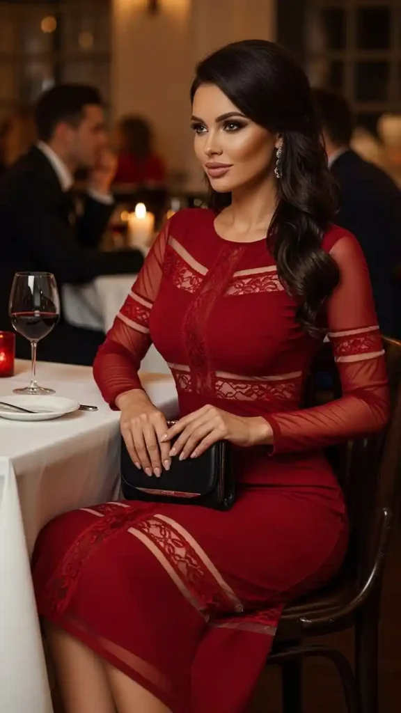 15+ Valentine’s Day Outfits for Date Night That Wow Tonight 12 sheer-panel-mesh-detail-dress