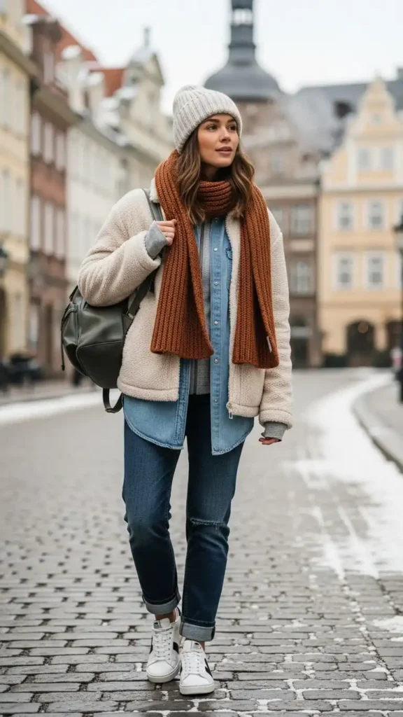 15 Easy Winter Travel Outfit Ideas to Look Chic and Stay Warm 7 sherpa-jacket-with-denim-and-sneakers