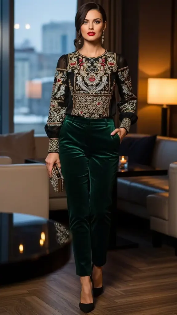 velvet-pants-with-embroidered-blouse