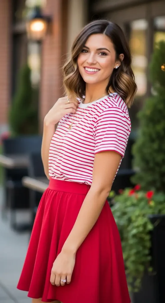 striped-tee-and-red-skirt