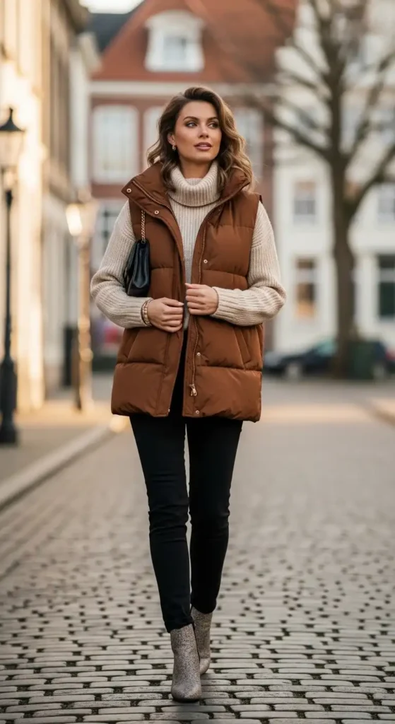 brown-puffer-vest-turtleneck-pants