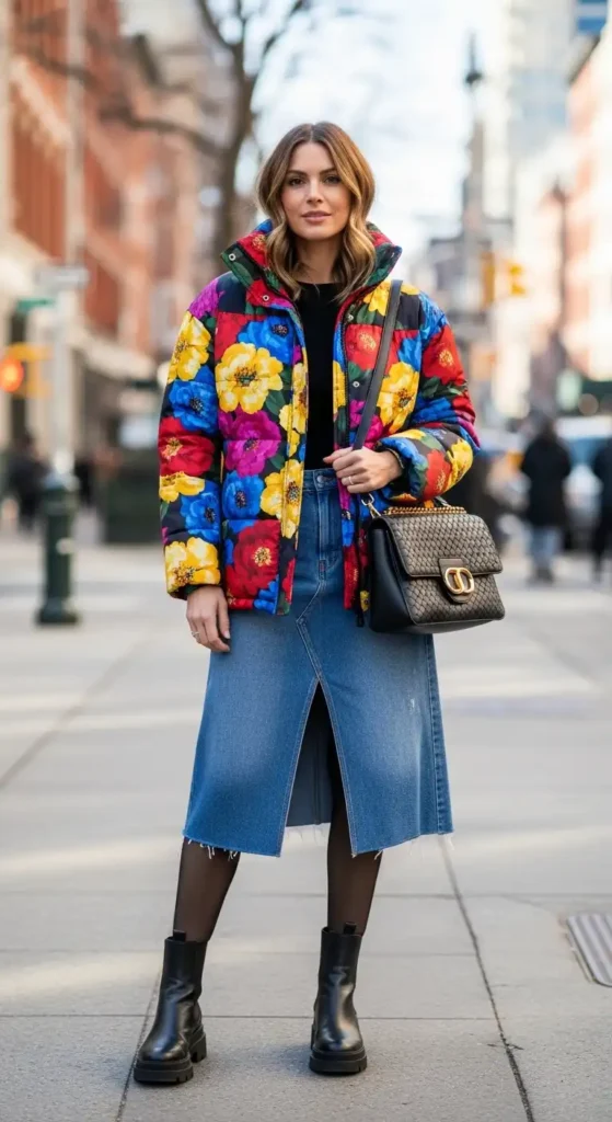 floral-puffer-jacket-denim-skirt