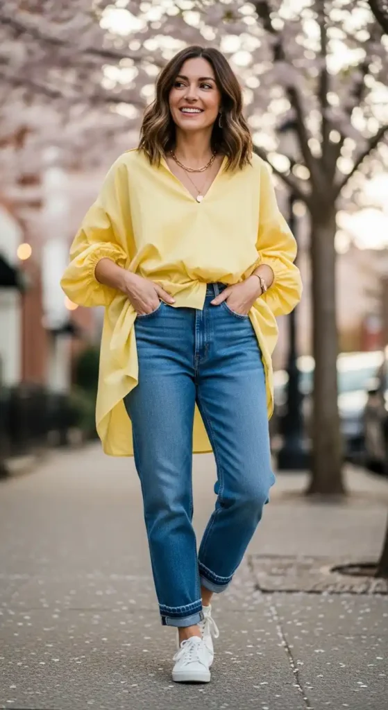 high-waisted-jeans-with-oversized-blouse