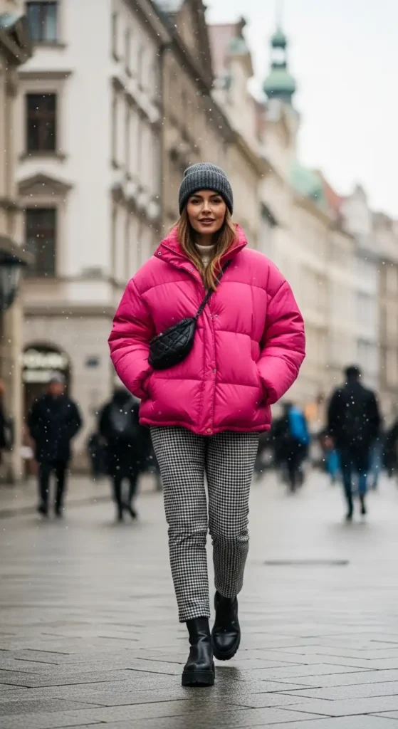 pink-puffer-jacket-checkered-pants