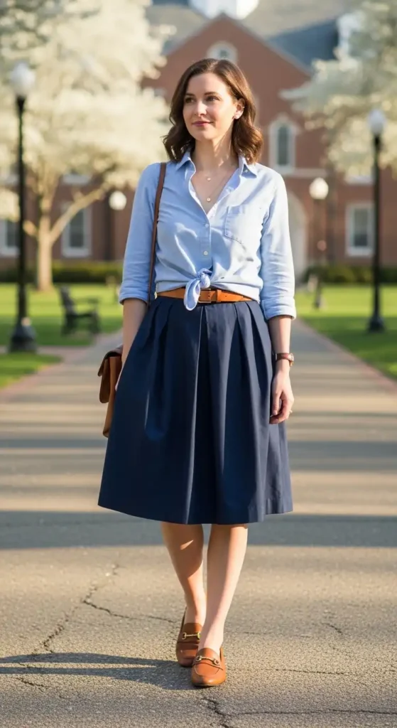 pleated-skirt-with-a-button-down-shirt