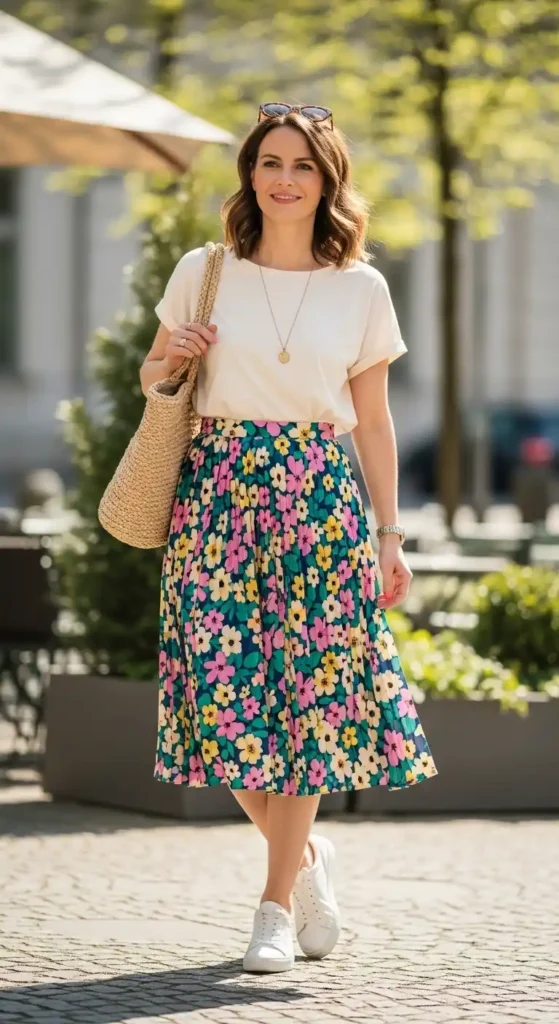 pleated-skirt-with-simple-tee