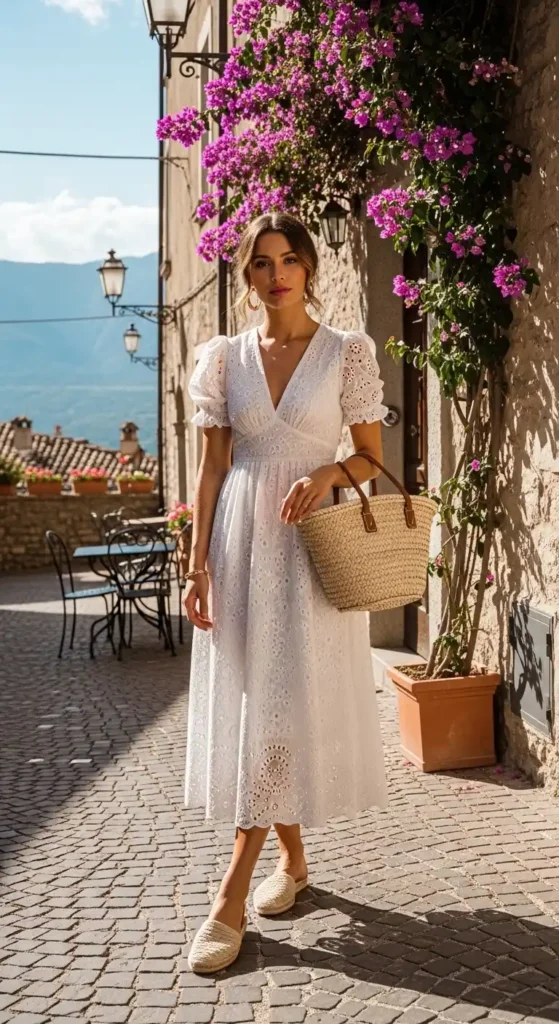 white-eyelet-dress-with-woven-sandals