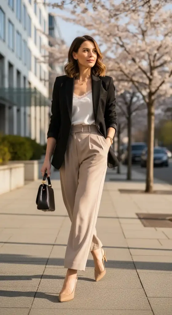 black-blazer-beige-pants-chic-pumps