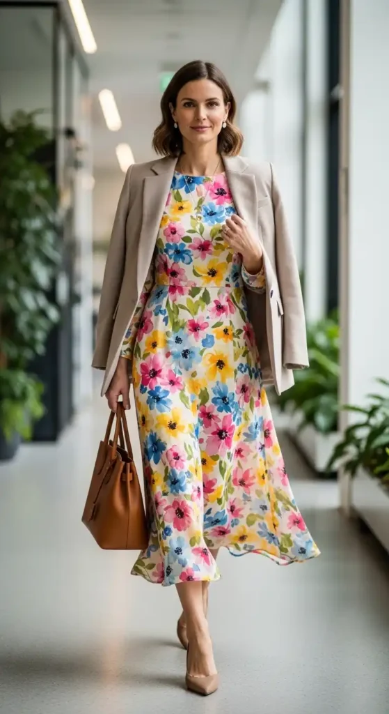 flowy-floral-midi-dress-paired-with-neutral-accessories