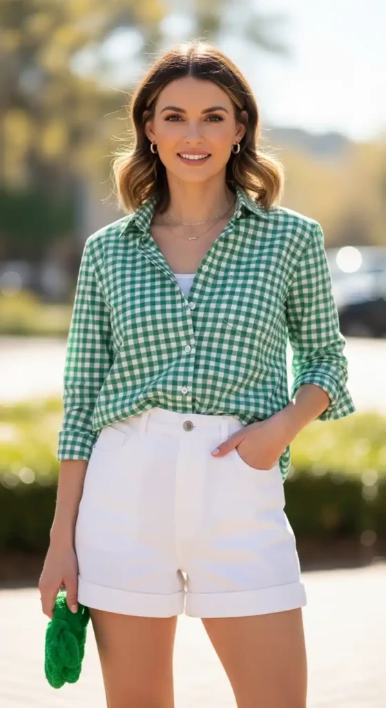 green-gingham-button-up-with-white-shorts