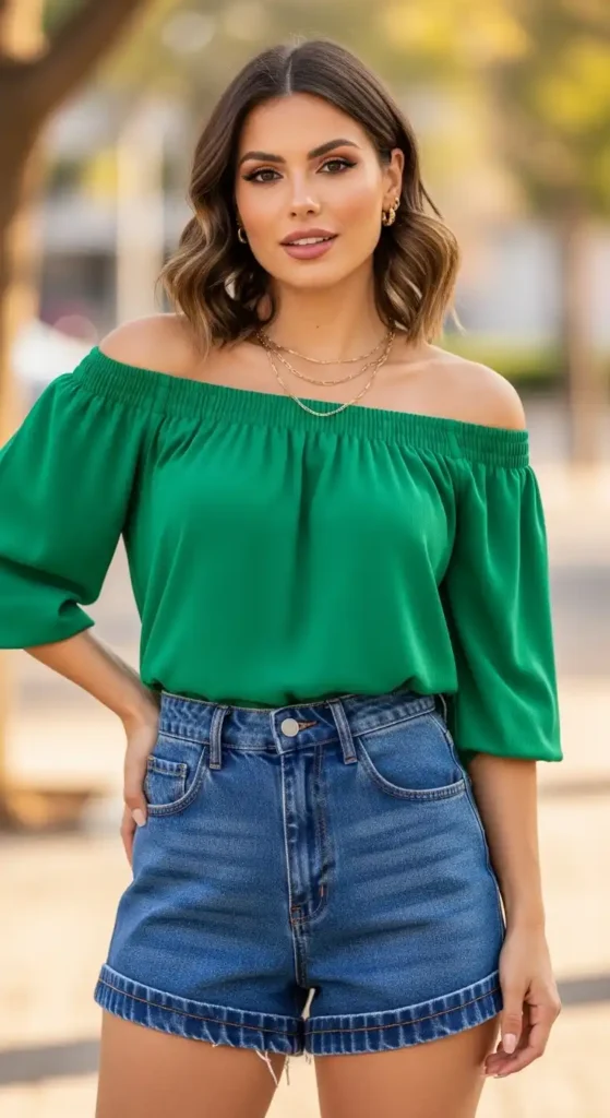green-off-shoulder-top-with-denim-shorts