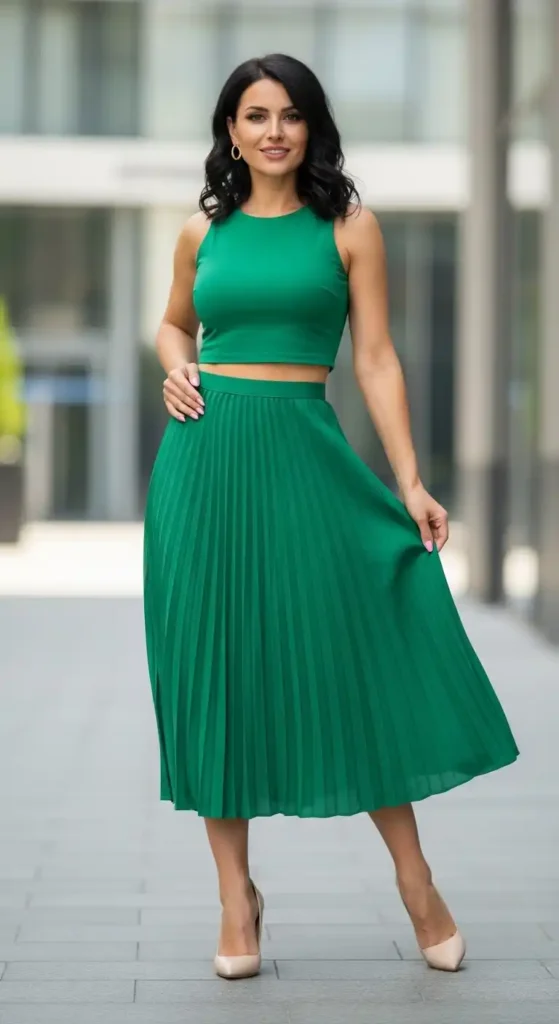 green-pleated-midi-skirt-with-crop-top