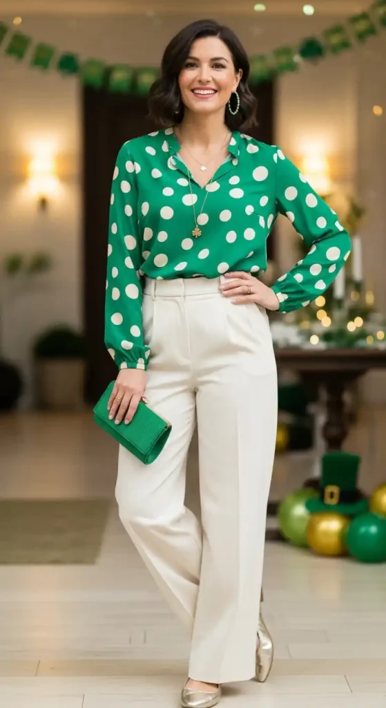 green-polka-dot-blouse-with-cream-pants