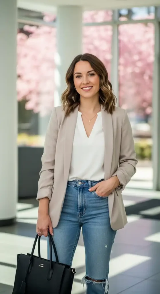 light-beige-blazer-with-white-blouse-and-high-waisted-jeans