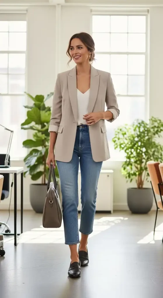 neutral-color-blazer-jeans-loafers