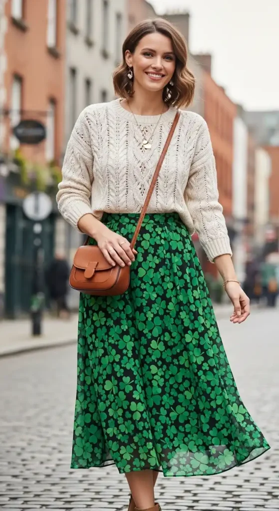 shamrock-print-midi-skirt-with-cream-sweater