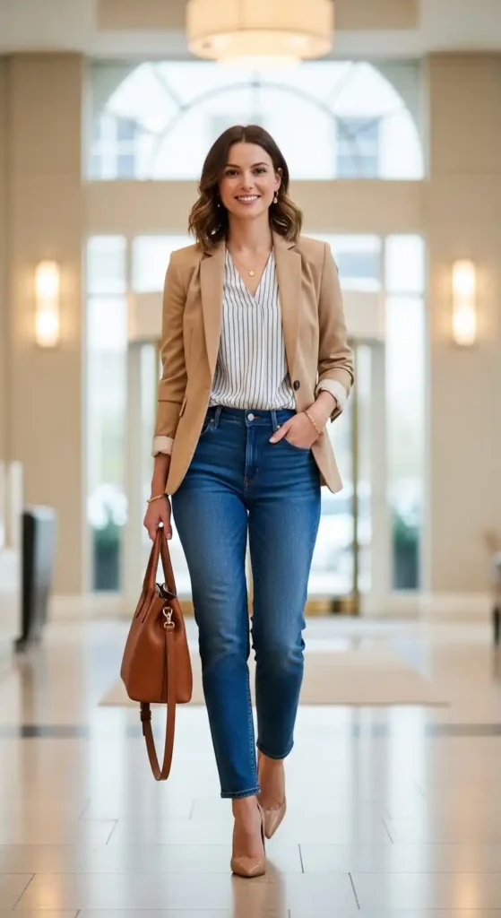 tan-blazer-striped-blouse-simple-jeans-pumps