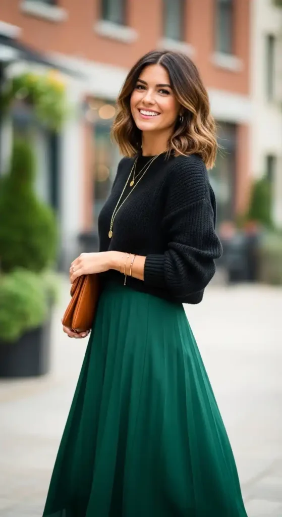 green-midi-skirt-with-black-sweater