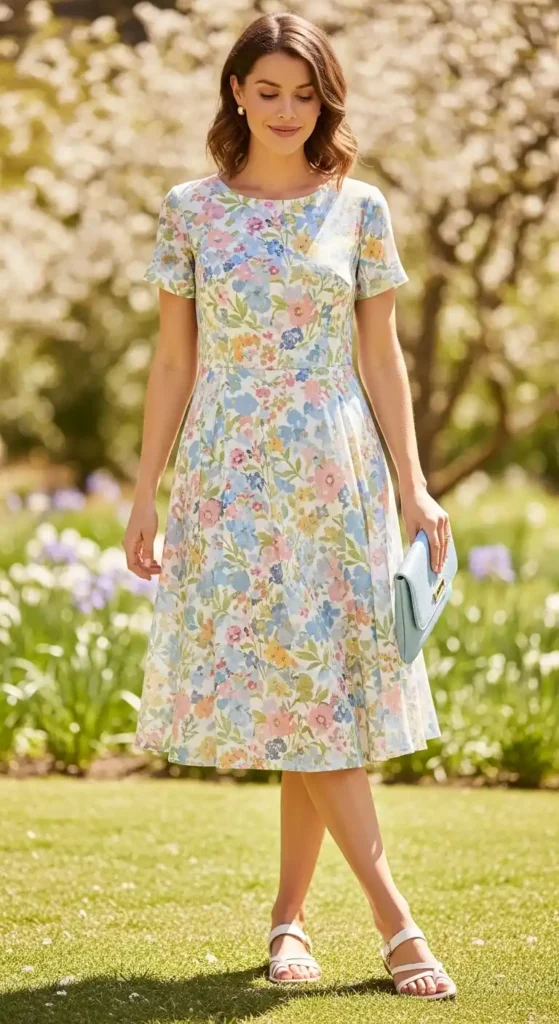 pastel-floral-dress-with-white-sandals