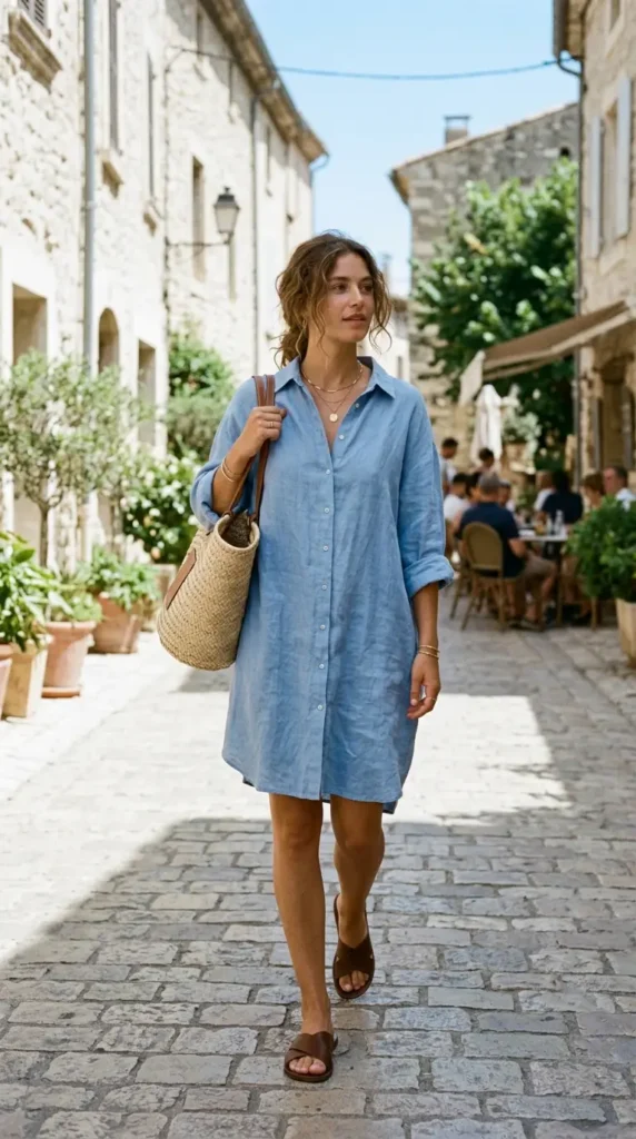 oversized-shirt-dress-with-leather-sandals