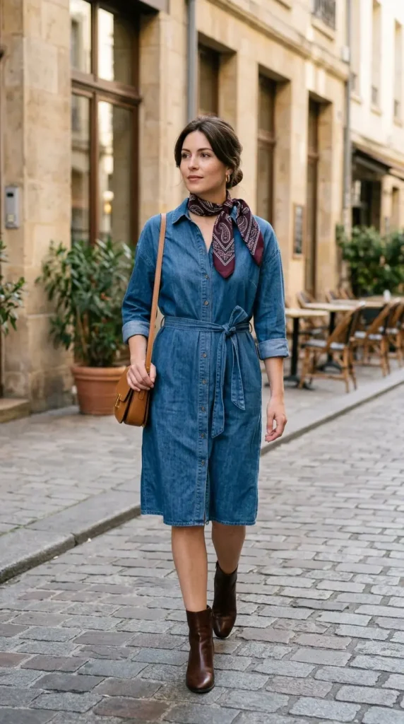 17 Stylish Scarves with Dress Outfit Ideas for a Chic and Elegant Look 6 bandana-scarf-with-denim-shirt-dress