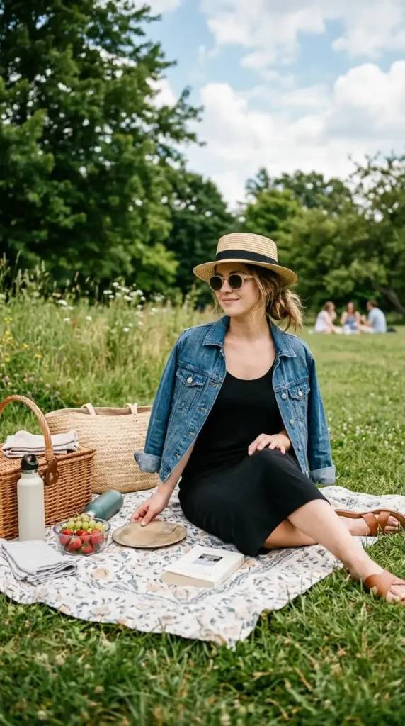 15 Summer Picnic Outfit Ideas That Are Easy, Chic & Comfortable 14 black-tank-dress-with-denim-jacket