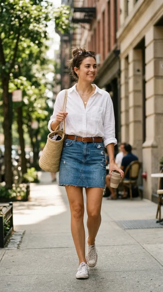 button-down-shirt-with-denim-skirt
