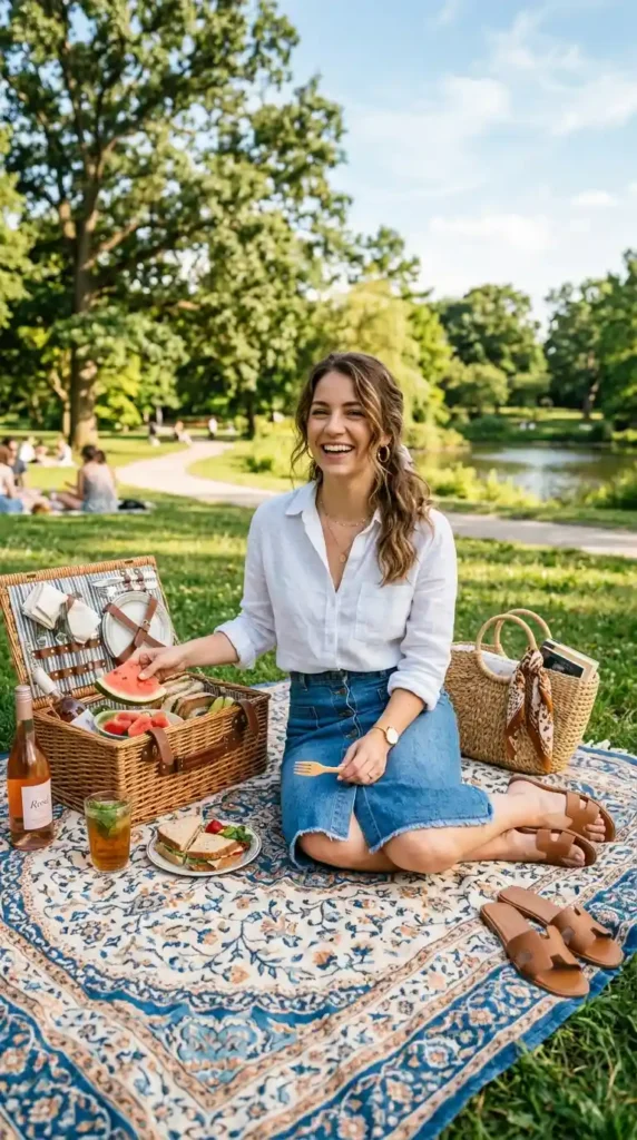 15 Summer Picnic Outfit Ideas That Are Easy, Chic & Comfortable 11 button-down-shirt-with-denim-skirt
