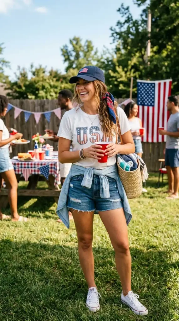 17 Trendy 4th of July Outfits for Women That Look Festive & Stylish 3 casual-denim-shorts-outfit
