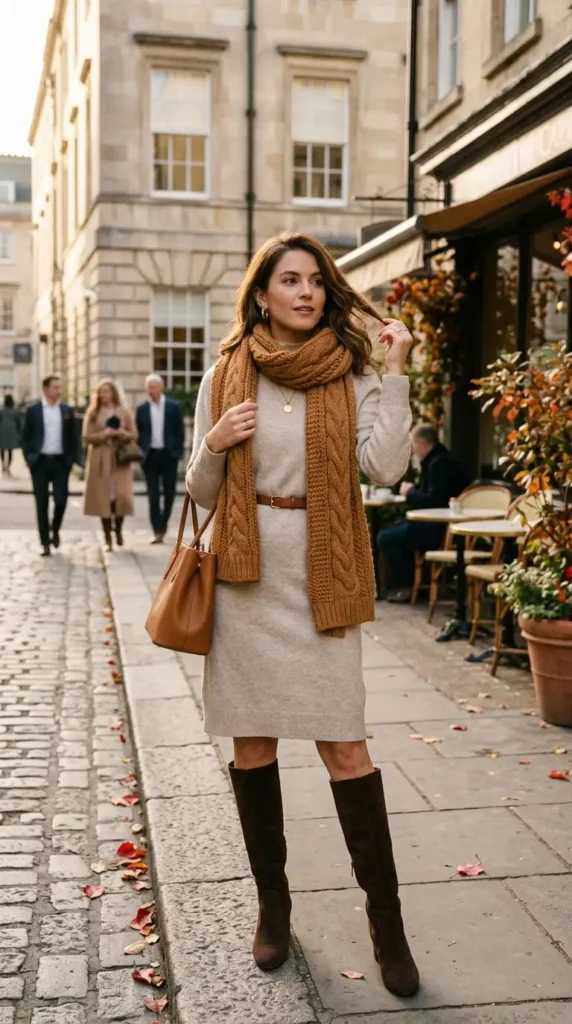 17 Stylish Scarves with Dress Outfit Ideas for a Chic and Elegant Look 3 chunky-knit-scarf-with-sweater-dress