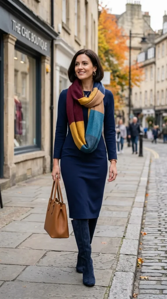 17 Stylish Scarves with Dress Outfit Ideas for a Chic and Elegant Look 12 colorblock-scarf-with-monochrome-dress
