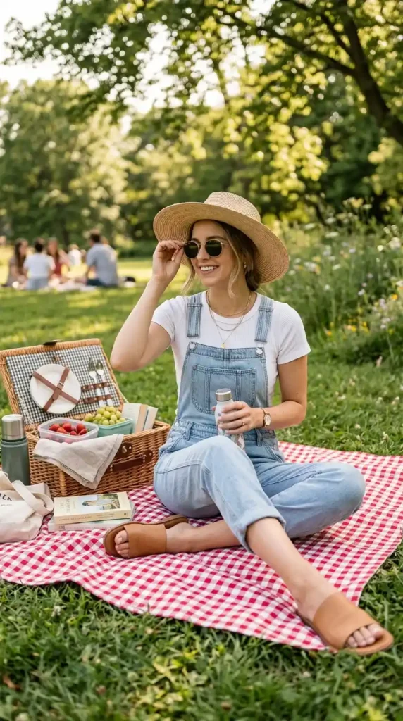 15 Summer Picnic Outfit Ideas That Are Easy, Chic & Comfortable 15 cotton-overalls-with-ribbed-tee