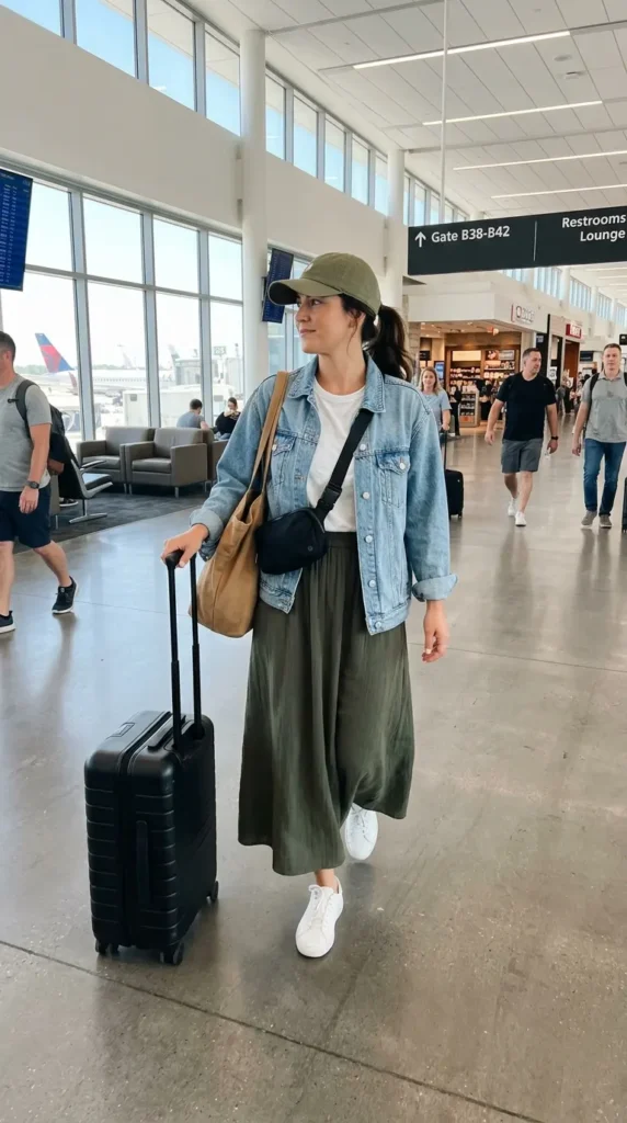 16 Cool Summer Airport Outfits for Women for Stress-Free Flights 14 denim-jacket-with-maxi-skirt