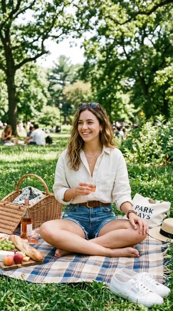 15 Summer Picnic Outfit Ideas That Are Easy, Chic & Comfortable 3 denim-shorts-with-a-loose-linen-shirt