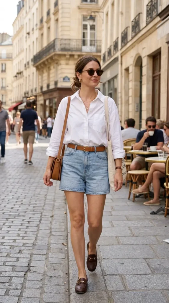 16 Summer Chic Outfits for Women That Look Expensive but Feel Light 5 denim-shorts-with-oversized-cotton-shirt