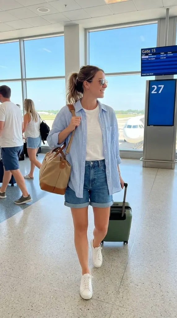 16 Cool Summer Airport Outfits for Women for Stress-Free Flights 7 denim-shorts-with-relaxed-shirt