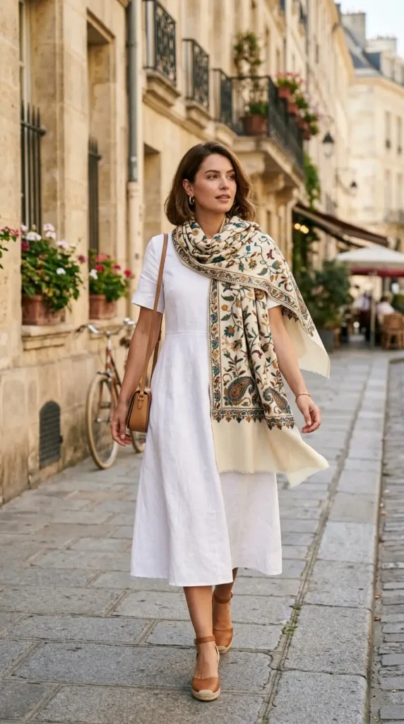 17 Stylish Scarves with Dress Outfit Ideas for a Chic and Elegant Look 15 embroidered-scarf-with-simple-white-dress