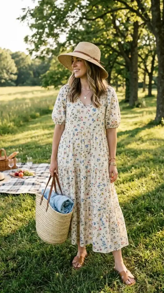 15 Summer Picnic Outfit Ideas That Are Easy, Chic & Comfortable 4 floral-maxi-dress-with-straw-hat