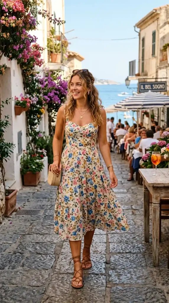 16 Chic Summer Date Outfits for Women Perfect for Hot Weather 4 floral-midi-dress-with-strappy-sandals