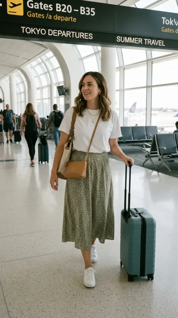 16 Cool Summer Airport Outfits for Women for Stress-Free Flights 9 flowy-skirt-with-basic-t-shirt